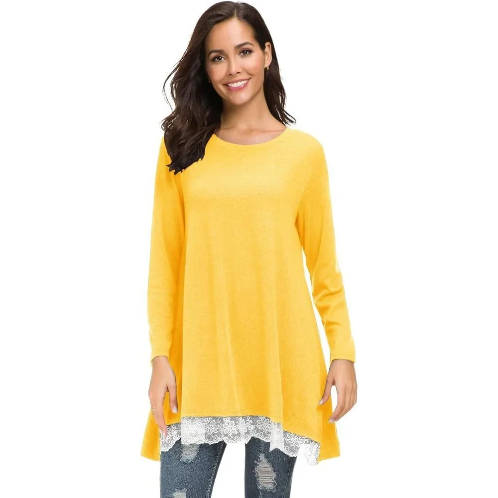 Women Lace Long Sleeve A-line Swing T-Shirt Casual Tunic Top Dress - Picture 7 of 7